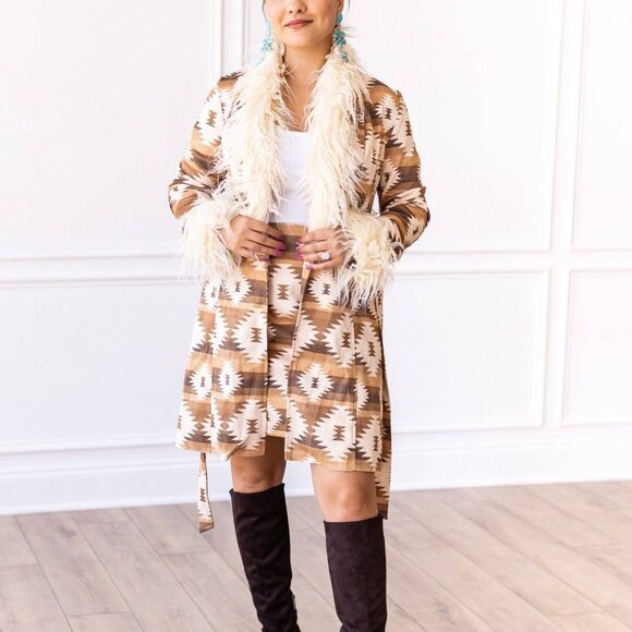 Aztec Detachable Fur Trimmed Belted Jacket - Picture 1 of 4